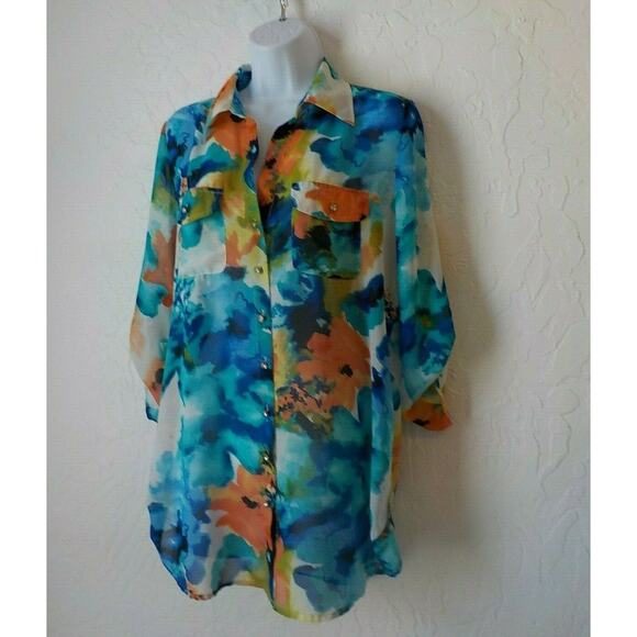 Sunny Leigh Women Small Shirt Floral Sheer Chiffon Jewel Button Multicolor Tunic - Picture 2 of 9